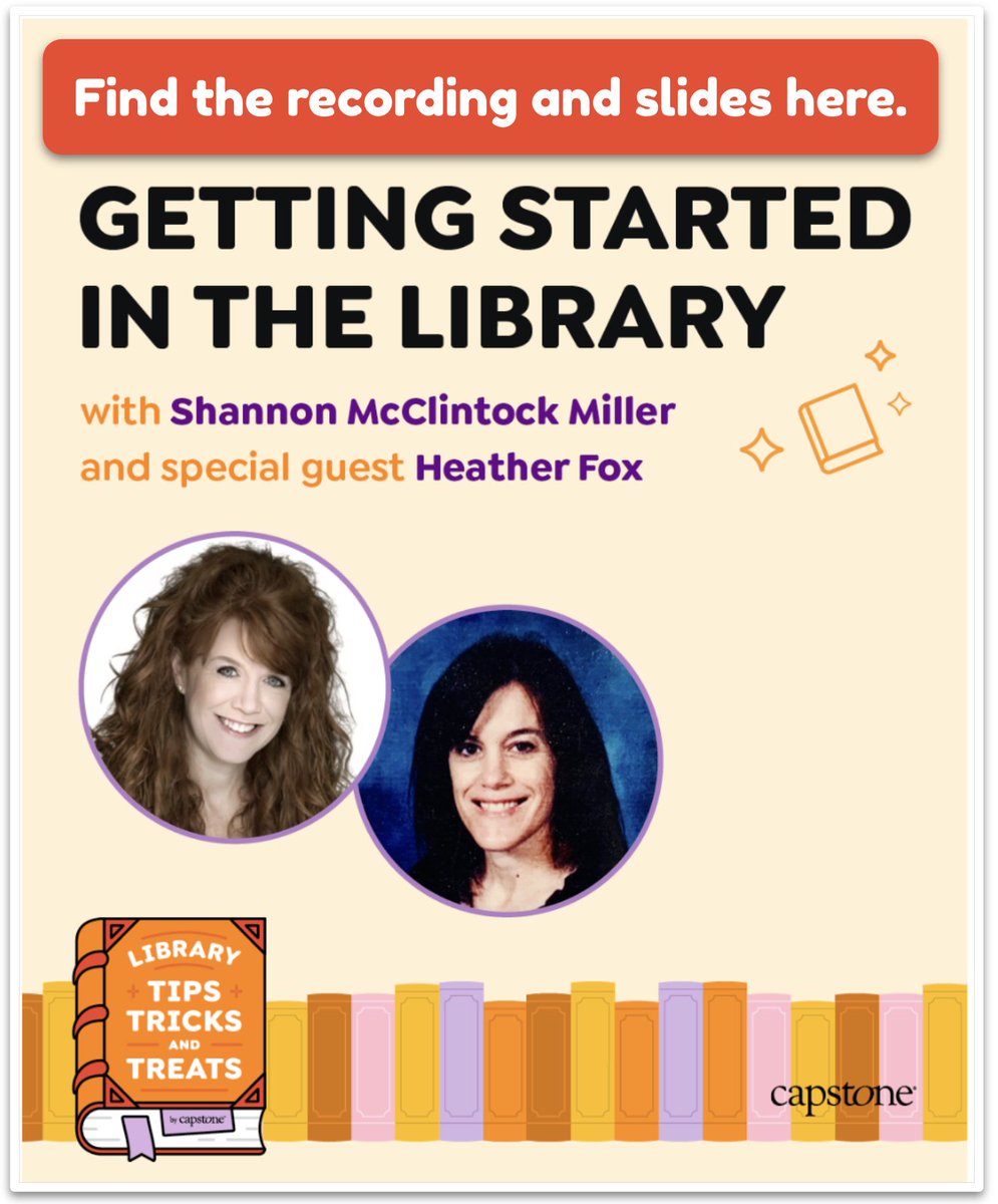 shannonmmiller's tweet image. This week we kicked off the NEW @CapstonePub webinar series, Library Tips, Tricks, and Treats. 🥳
You can find the recording and slides for Webinar 1, Getting Started in the Library, here in this post, friends.
➡️buff.ly/W88ySWz
#tlchat #futurereadylibs #ISTElib…