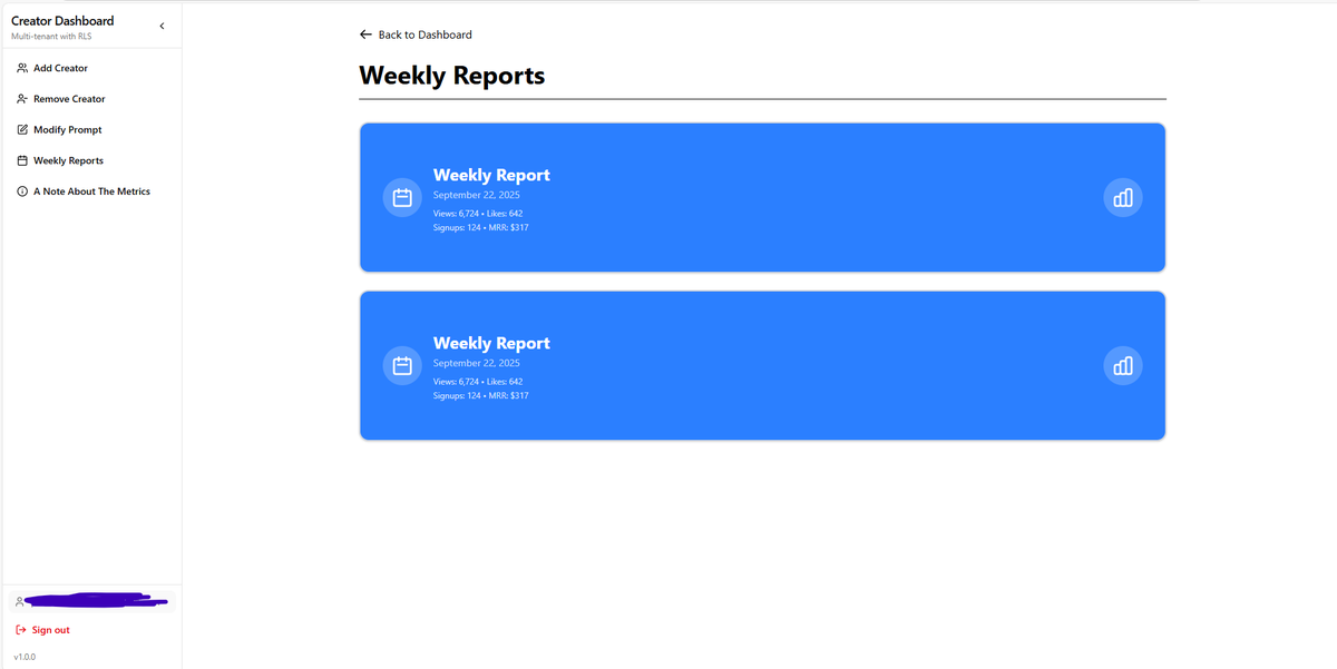 Nevinahl's tweet photo. Currently working on weekly reports for the UGC dashboard 

This will contain all the weekly trends encapsulated into cards that can be clicked through 

All I had to do was add timestamp columns to my supabase tables so I could track data changes and hence calculate trends https://t.co/1uICeKAyXJ
