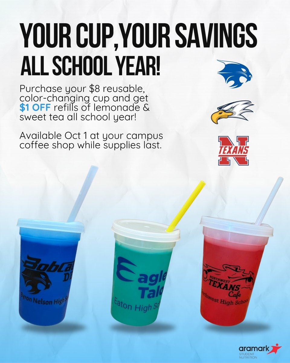 Sip, Save, &amp; Show Your Spirit! 🌟
Grab your reusable, color-changing cup for $8, available October 1. First drink included + enjoy $1 OFF refills of lemonade &amp; sweet tea all year long. Sold at your campus coffee shop, while supplies last.
