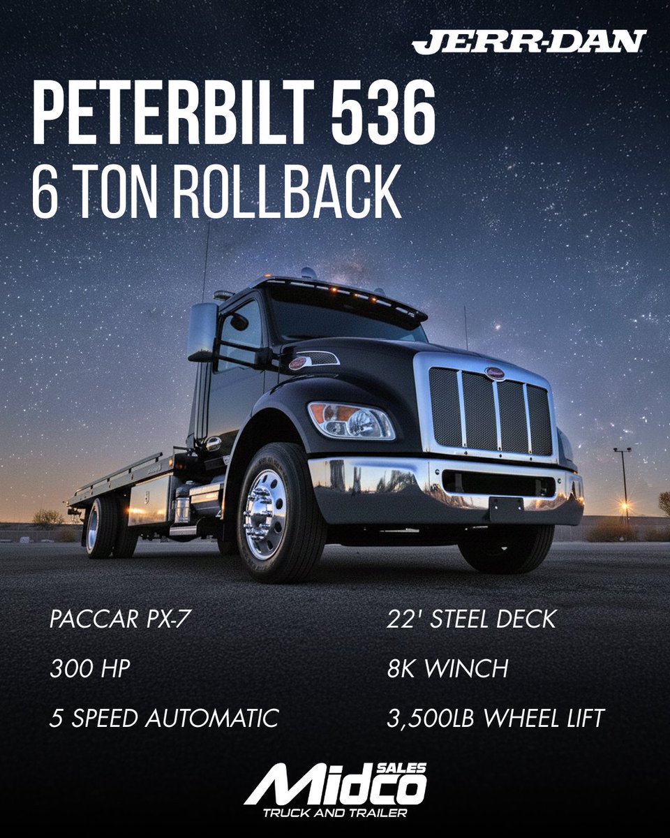 MidcoSales's tweet photo. 15 Peterbilt Jerr-Dan rollback tow trucks in stock in Chandler, AZ.  Paccar PX-7 (CA/CARB Compliant available), 22' steel decks.  Black, red, or white color options.  See inventory: https://t.co/uuCF1I0jKw https://t.co/xTOxSxZ37y