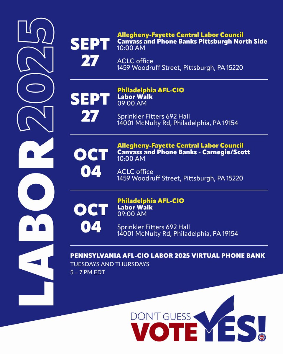 PA AFL-CIO (@paafl_cio) on Twitter photo The next judicial elections are our chance to secure fair, pro-worker courts for the future. The decisions judges make today will shape working conditions for generations.
Virtual Phone Bank 👉 mobilize.us/paaflcio/event…
<a href="/PhillyAFLCIO/">Philly AFL-CIO</a> 👉 tinyurl.com/PHL25LW
<a href="/AlleghenyLabor/">Allegheny-Fayette Central Labor Council</a> The next judicial elections are our chance to secure fair, pro-worker courts for the future. The decisions judges make today will shape working conditions for generations.
Virtual Phone Bank 👉 mobilize.us/paaflcio/event…
<a href="/PhillyAFLCIO/">Philly AFL-CIO</a> 👉 tinyurl.com/PHL25LW
<a href="/AlleghenyLabor/">Allegheny-Fayette Central Labor Council</a>
