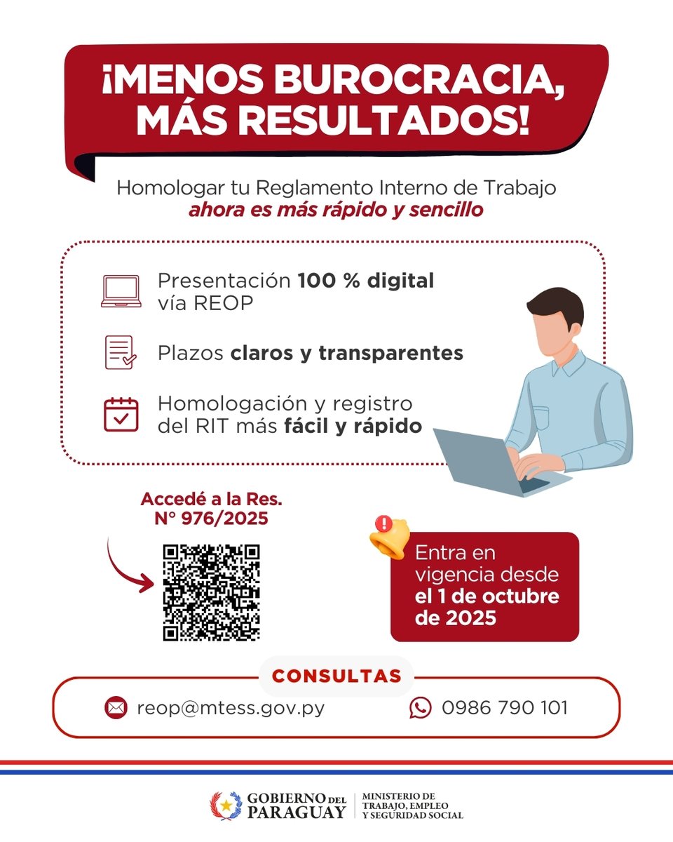 📌#Atención| Modernizamos los trámites de los Reglamentos Internos de Trabajo

Por Resolución N° 976/2025,  el Ministerio de Trabajo dispuso una nueva reglamentación que reduce sustancialmente los tiempos de homologación y registro de los Reglamentos Internos de Trabajo (#RIT).