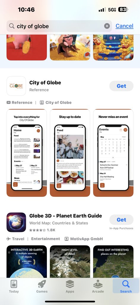 city_globe's tweet image. 📲 Stay connected with the City of Globe App! Get public safety alerts, news, and updates sent straight to your phone. Download today &amp;amp; turn on notifications! #PeopleProcessProgress #GlobeAZ