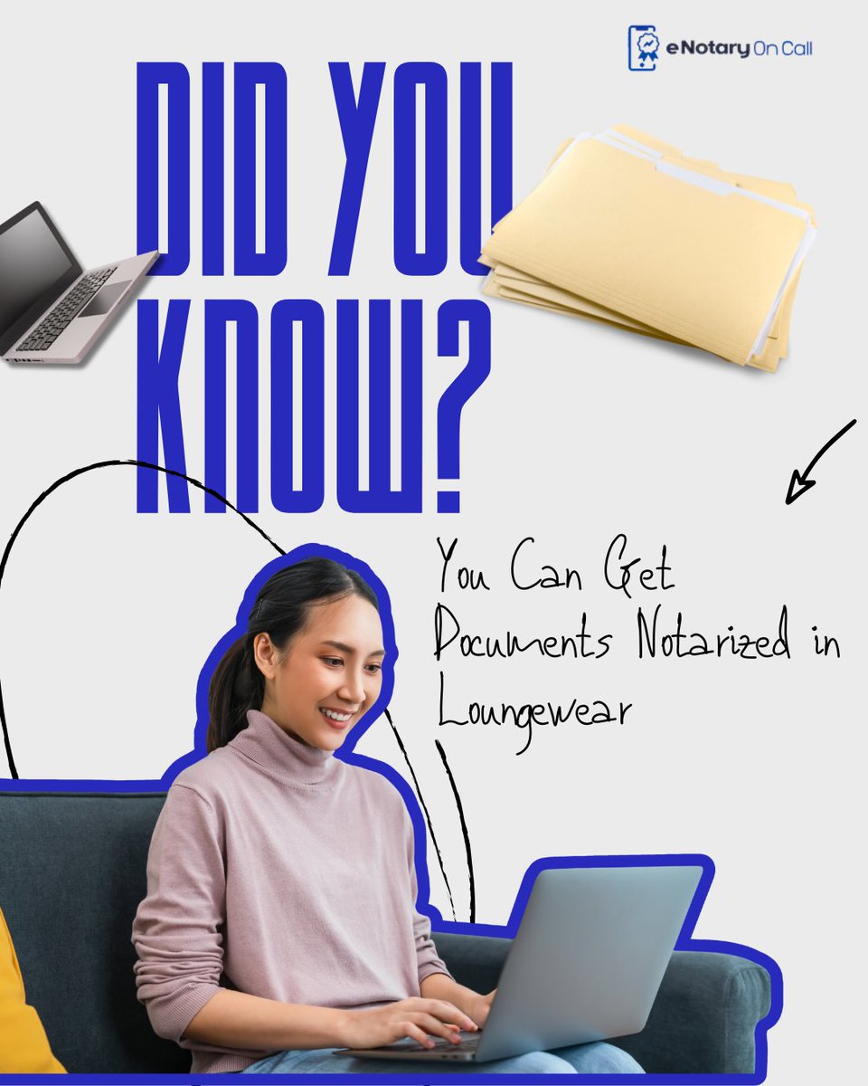 eNotaryOnCall's tweet image. You can get your documents notarized without leaving your couch!
Online notarization lets you skip the traffic, the waiting room, & yes, you can even do it in your loungewear. 😄
#onlinenotary #remotenotarization #digitalconvenience #workfromhomelife #legaltech #funfactfriday