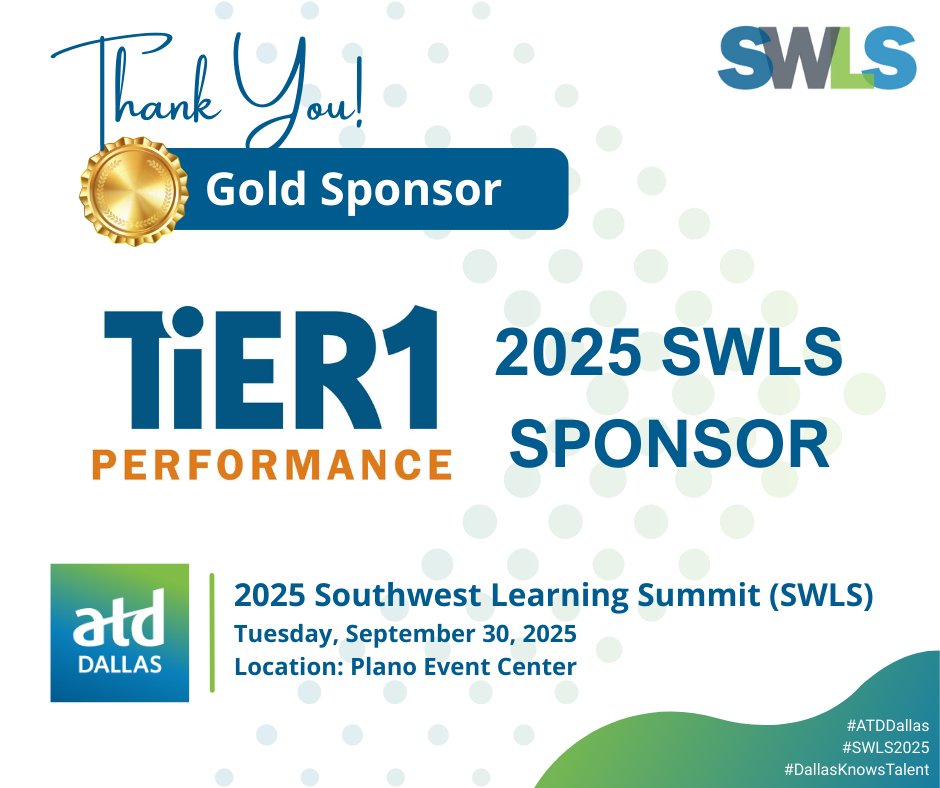 ATDDallas's tweet photo. 🙌 A huge thank you to our Gold Sponsor, TiER1 Performance, for supporting the 2025 Southwest Learning Summit!

👉 And don’t forget to register if you haven’t already—we’ll see you there! https://t.co/TML6o1vnqb

https://t.co/PukuqtfyTa https://t.co/pm1hPXAp9P