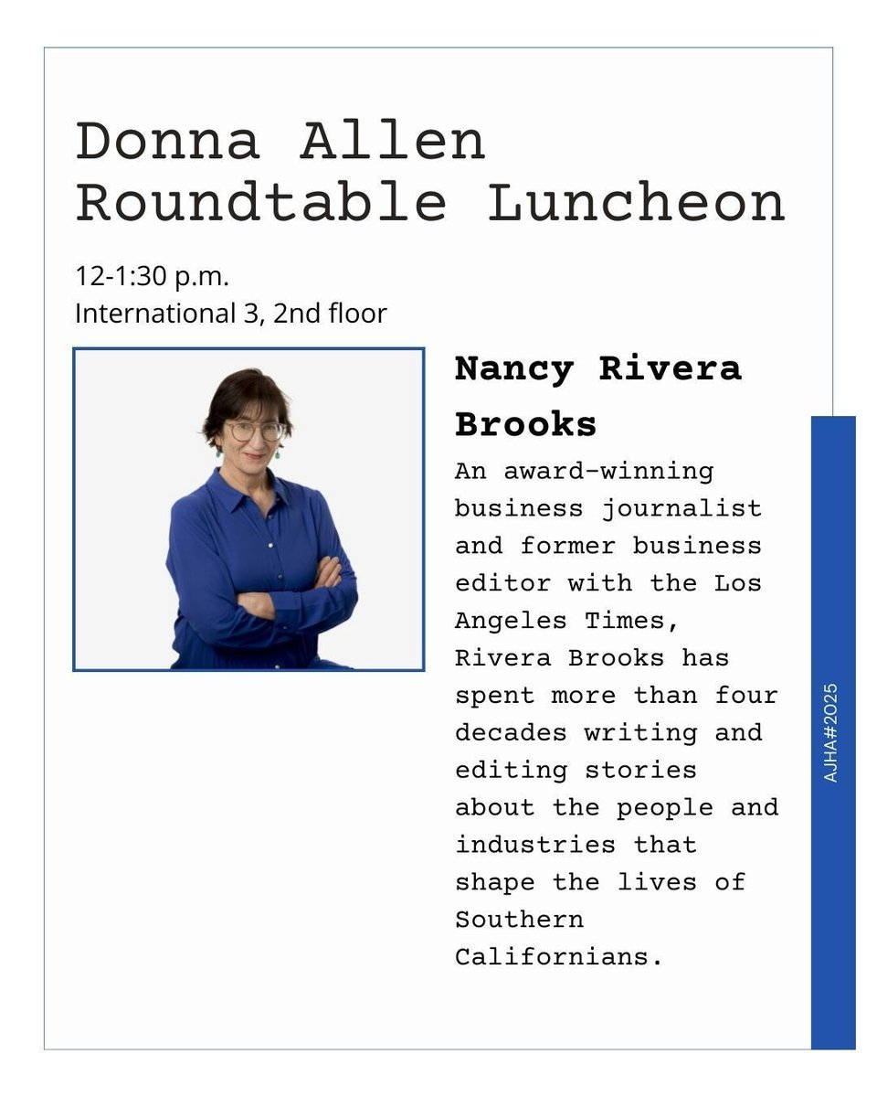 The annual Donna Allen Luncheon celebrates contributions of women to the field of journalism. This year's honored guest and featured speaker is Nancy Rivera Brooks, former deputy business editor with the Los Angeles Times. Join us in honoring Nancy in International 3 at noon.