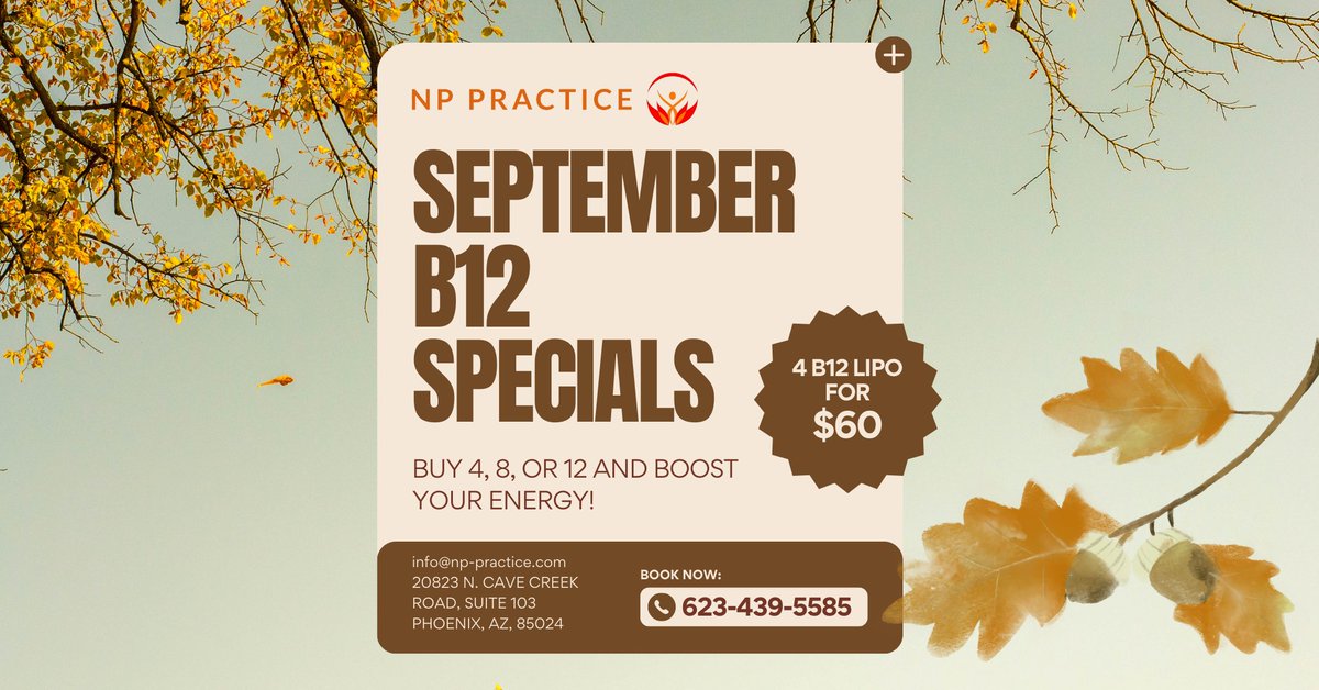 NP_Practice_'s tweet photo. Seasonal changes can leave you feeling sluggish. B12 injections help restore energy, support focus, and keep you at your best.

Don’t let fall slow you down. Schedule your visit at https://t.co/bhJfveq7FJ

#NursesFirst #NPPractice https://t.co/QbVyBzOMK4