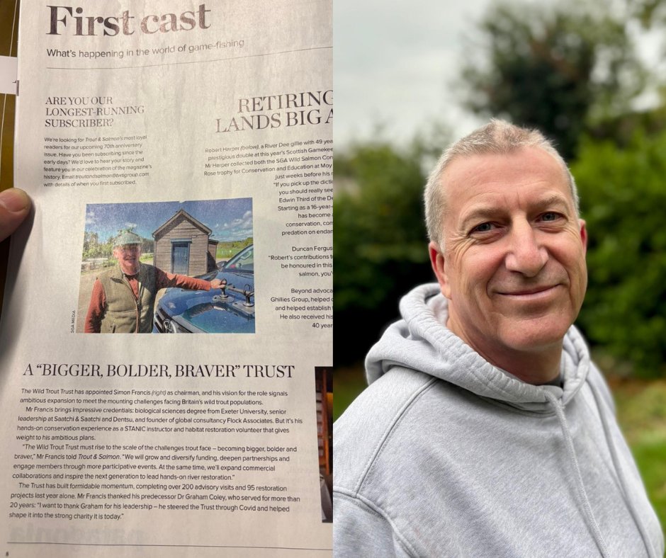 "The Wild Trout Trust must rise to the scale of the challenges trout face – becoming bigger, bolder, and braver." 🐟

Great to see our new <a href="/Chairman_WTT/">Chair Wild Trout Trust</a>, Simon Francis, in the latest issue of <a href="/TroutSalmonUK/">Trout & Salmon</a>! Check out the story here: troutandsalmon.com/news/wild-trou…