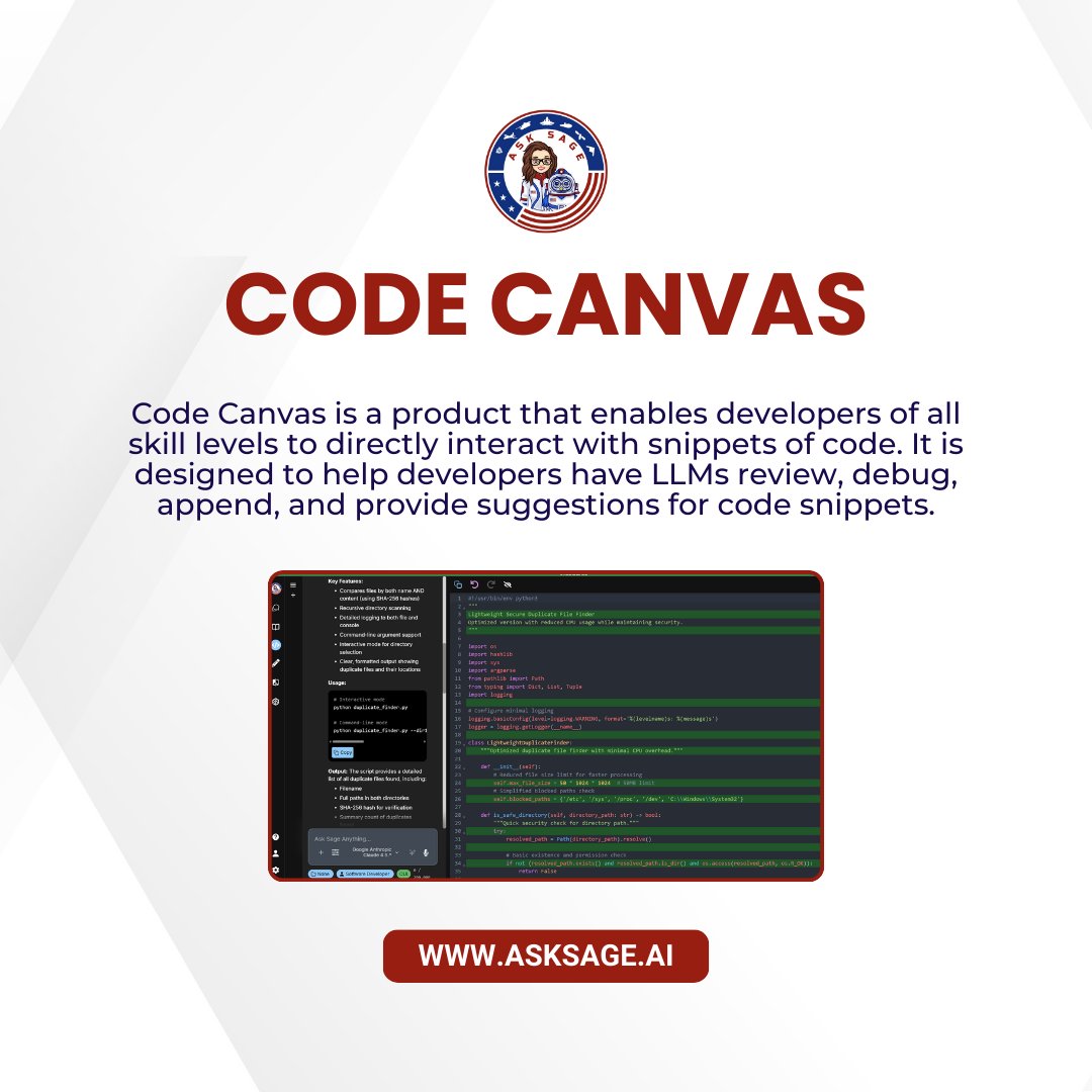 AskSageAI's tweet image. 💻 Introducing Code Canvas: Your Coding Companion!
Whether you need to review, debug, append, or get suggestions from LLMs, Code Canvas has you covered.
💡 Take your coding workflow to the next level with Code Canvas: chat.asksage.ai
#AskSage #CodeCanvas #GenAI