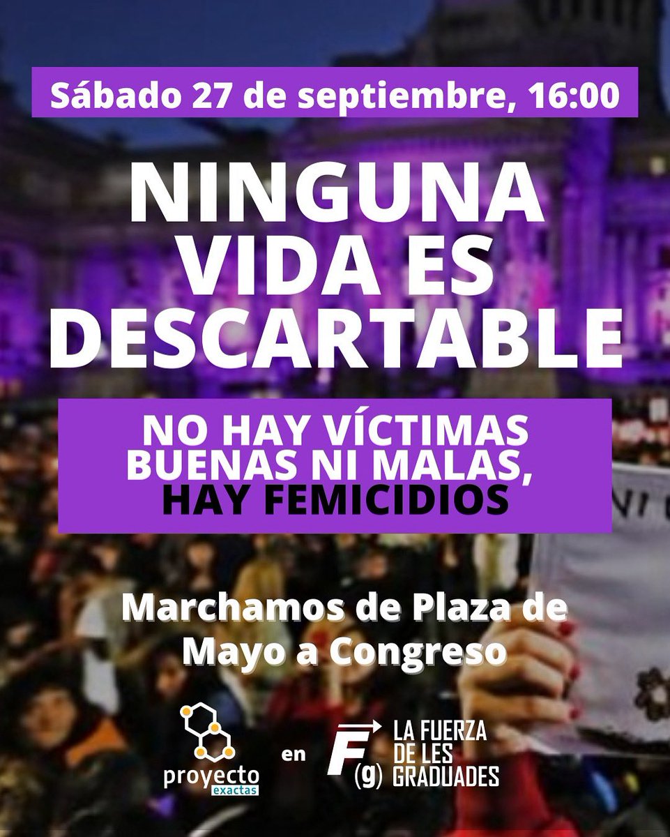 ¡NI UNA MENOS! ✊🏼💚💜

Este sábado a las 16 hs nos encontramos en Plaza de Mayo para marchar al Congreso y pedir justicia por los femicidios de Lara, Brenda y Morena, y de todas las pibas que seguimos perdiendo.

¡Organicemos la bronca en la calle! 

#vivasylibresnosqueremos
