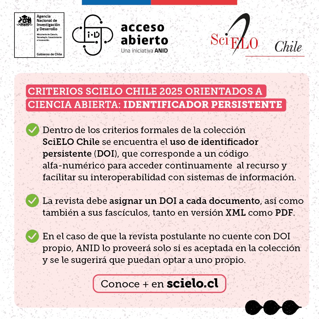 SciELO_Chile's tweet image. ◉ Es importante que las revistas asignen un DOI a sus documentos.
Te invitamos a conocer más sobre los criterios @SciELO_chile 2025 en ↓
✓ scielo.cl/sr_scielocl/po…
#OpenScience