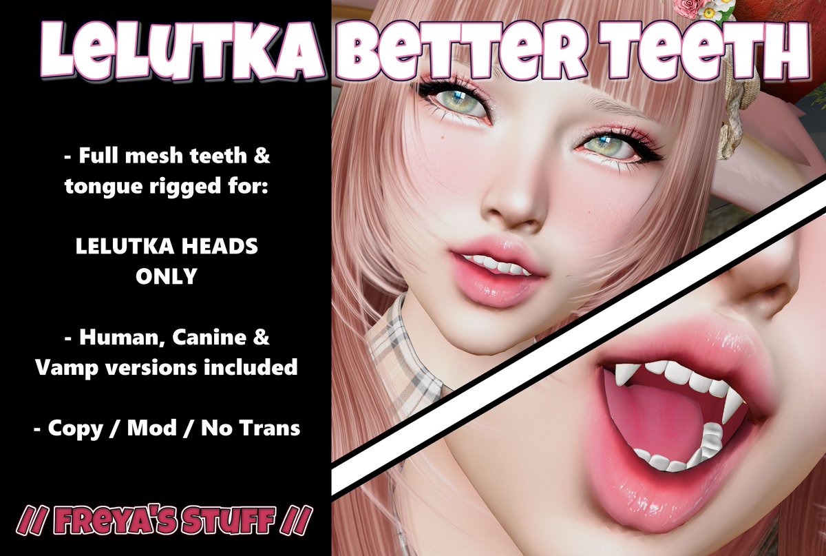 !!! NEW PRODUCT !!!

I have released the first of my teeth for Lelutka heads!

Better teeth are now available on my marketplace store and more will be coming soon - so stay tuned!

marketplace.secondlife.com/p/FREYAS-STUFF…
