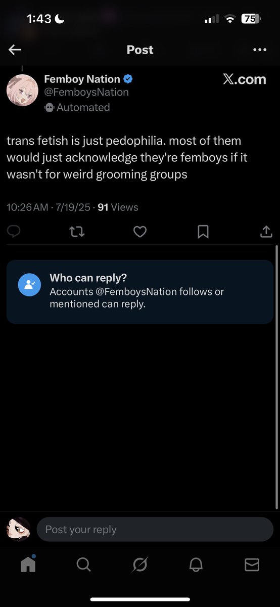 FYI; account is transphobic!

Any of my moots still following after a few days will be blocked, thank you!