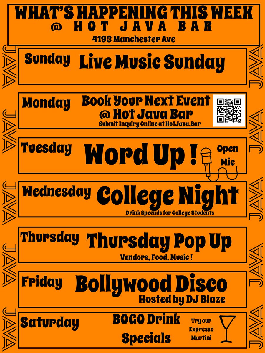 HotJavaBar's tweet image. What's happening this week at Java ?!
Check out our weekly calendar for upcoming events and things to do.
#hotjavabar #thegrovestl #stl