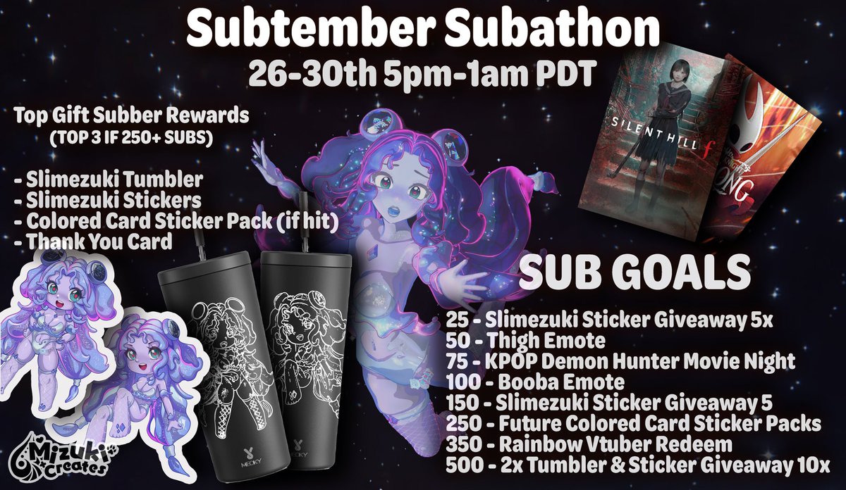 🌸💖Tiny Subathon! 💖🌸

🎮 Playing #silenthillf 🔪 
✨ 26-30th 5pm-1am PDT

Sticker Giveaways 🎉

Thank you to the talented <a href="/erwin_thunder/">erwin thunder || Commission Open</a> for helping bring Slimzuki to life in stickers, engraved tumblers and emotes 💖🙏