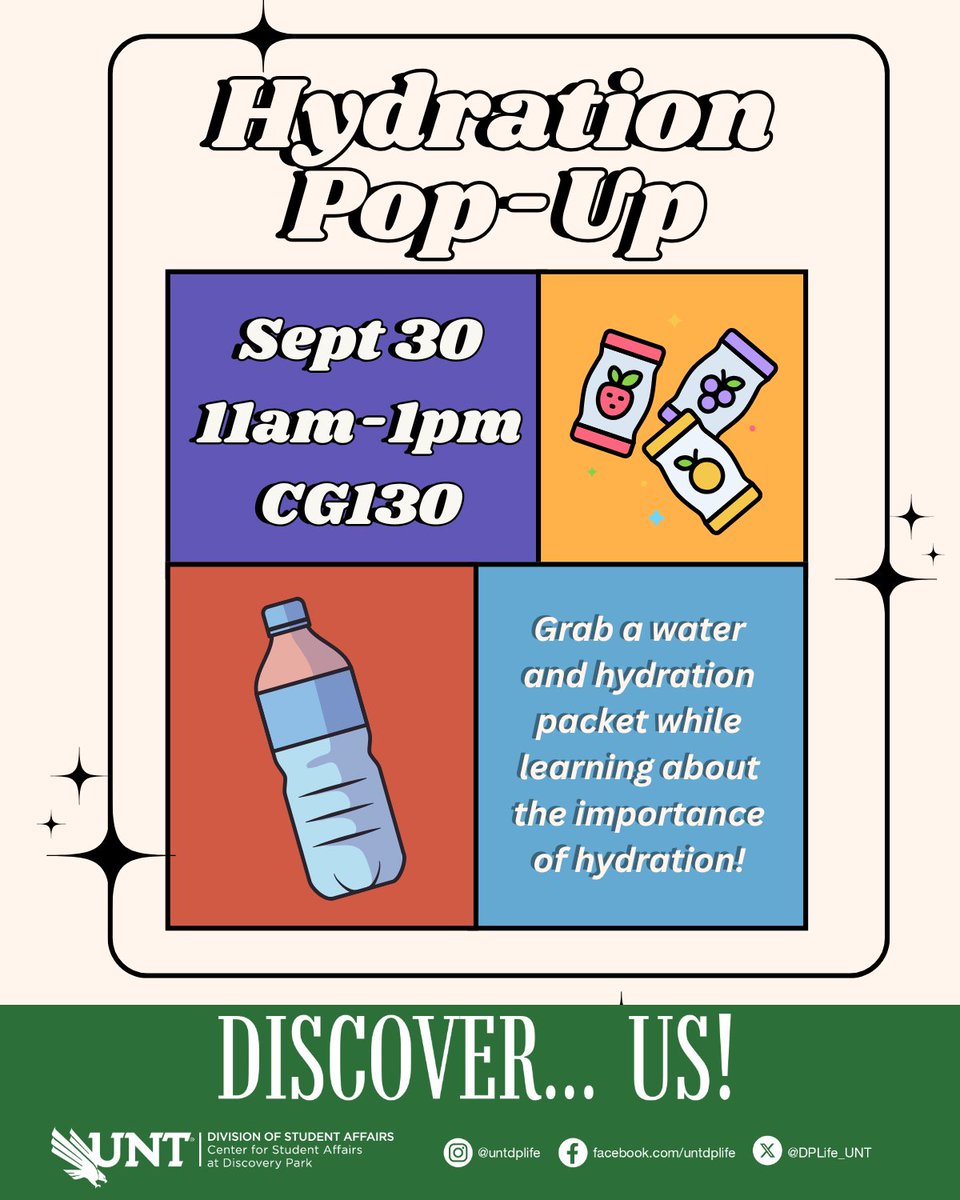 Stay cool at Hydration Pop-Up! Learn about the importance of hydration while you grab a free water bottle, Gatorade, electrolytes, and quick tips on how to fuel your body the right way! 🥤💪

🗓️ September 30
⏰ 11am - 1pm
📍CG130

#UNT #UniversityofNorthTexas #DiscoveryPark
