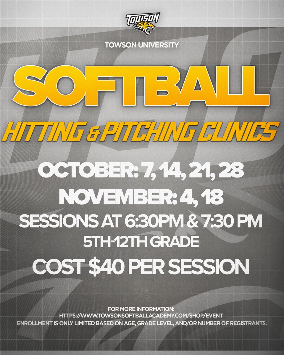 The six fall Towson Softball Hitting &amp; Pitching Clinics are right around the corner! Sign up today!

All the details: towsonsoftballacademy.com/shop/EVENT

#GohTigers