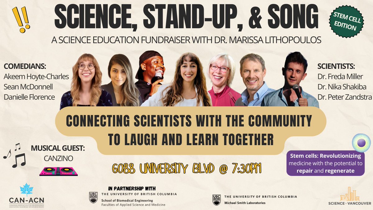 🎤 Get ready for a night of laughs, music, and science! 🧪

Join Science, Stand-Up &amp; Song with Dr. <a href="/MLithopoulos/">Dr. Marissa Lithopoulos</a> for a one-of-a-kind show that is perfect for curious minds and science lovers alike!

🎟️ Get your ticket for the Oct. 16 show at <a href="/UBC/">University of British Columbia</a>! bit.ly/48lAIq7
