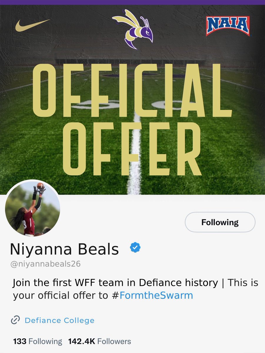 Niyanna Beals🤍 (@niyannabeals26) on Twitter photo After a great conversation with <a href="/ColeRecker/">Cole Recker</a> I’m blessed to receive my first offer to play for Defiance <a href="/dc_wffb/">Defiance College Women’s Flag Football</a> #AGTG💜 After a great conversation with <a href="/ColeRecker/">Cole Recker</a> I’m blessed to receive my first offer to play for Defiance <a href="/dc_wffb/">Defiance College Women’s Flag Football</a> #AGTG💜