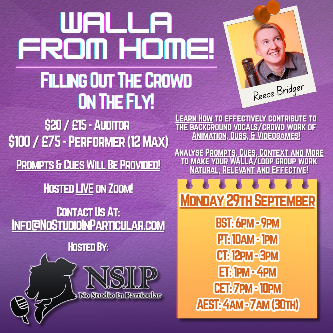🚨NEW WORKSHOP🚨

Next Monday we're holding another 'WALLA From Home — Filling Out The Crowd On The Fly!' workshop!

Participants will examine scenarios, prompts, cues and context to support their work in WALLA, looping and crowd work for a variety of media!

Link below!

👇