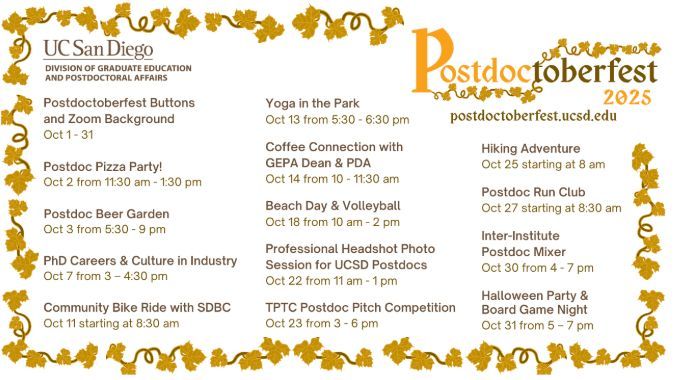 UCSDPDA's tweet image. Postdoctoberfest is UC San Diego’s month long celebration of our postdocs. We hope you will join us in recognizing the valuable contributions our postdocs make to research, to our campus, and to society.