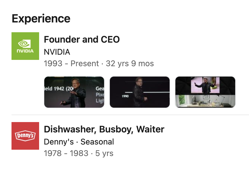 pbeisel's tweet image. I remind everyone that you can start washing dishes.

Jensen Huang's LinkedIn profile: