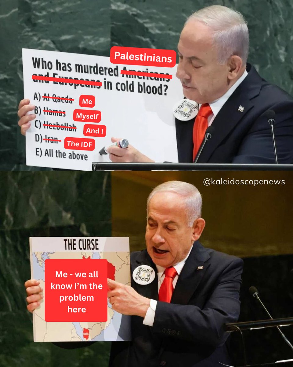 War criminal Benjamin Netanyahu spoke to a near empty UN general assembly after dozens of diplomats walked out in protest. 

I don't particularly care what he had to say during his rant. I'd much rather imagine he admitted to being a war criminal.