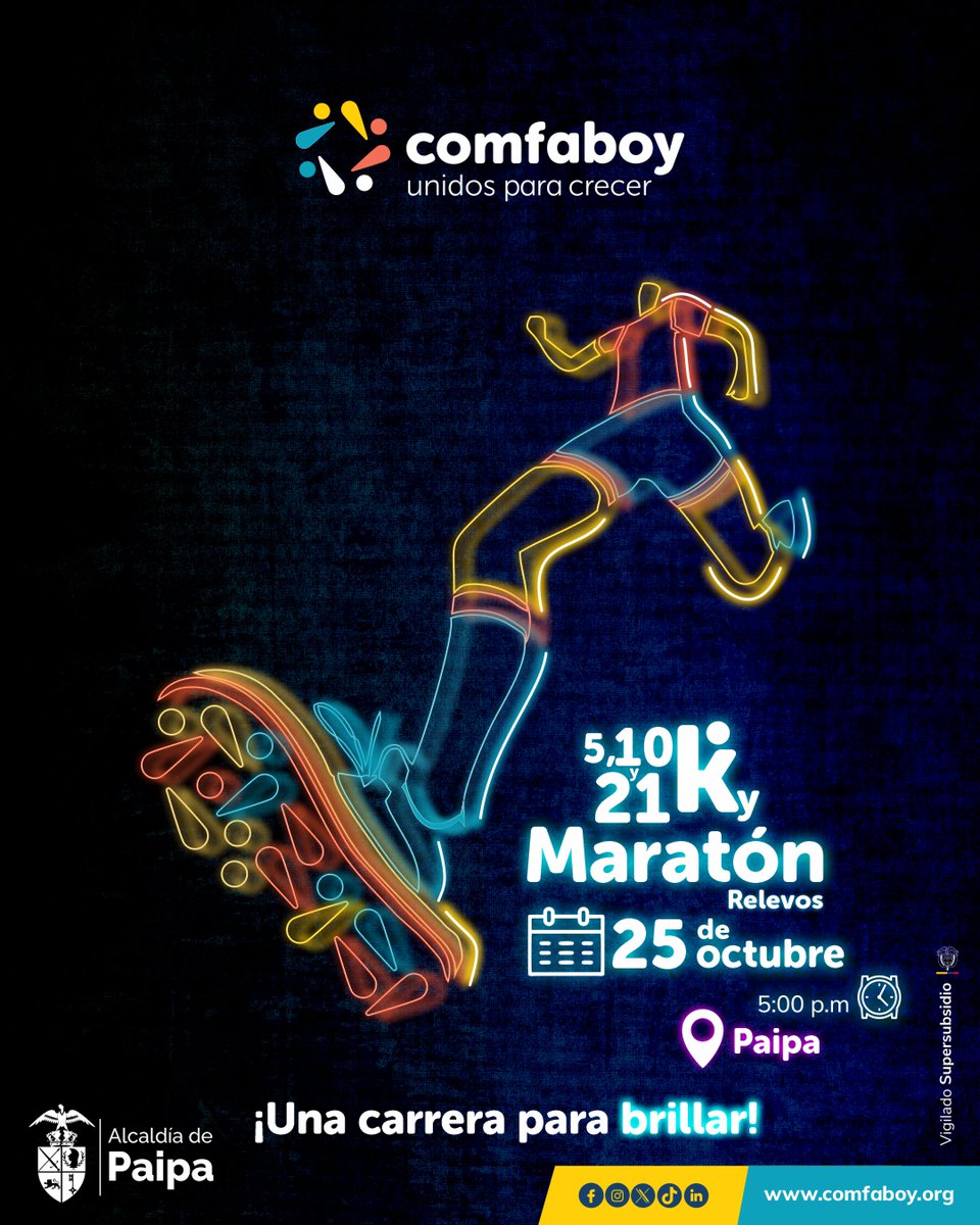 La Carrera Atlética Nocturna Neón Comfaboy 2025 iluminará Paipa el este sábado 25 de octubre.
Tu inscripción incluye: jersey , refrigerio, número, hidratación, ruta señalizada y rifas.
Tarifas subsidiadas desde $35.000
Inscríbete fácil aquí: subsidios.comfaboy.com.co/login/