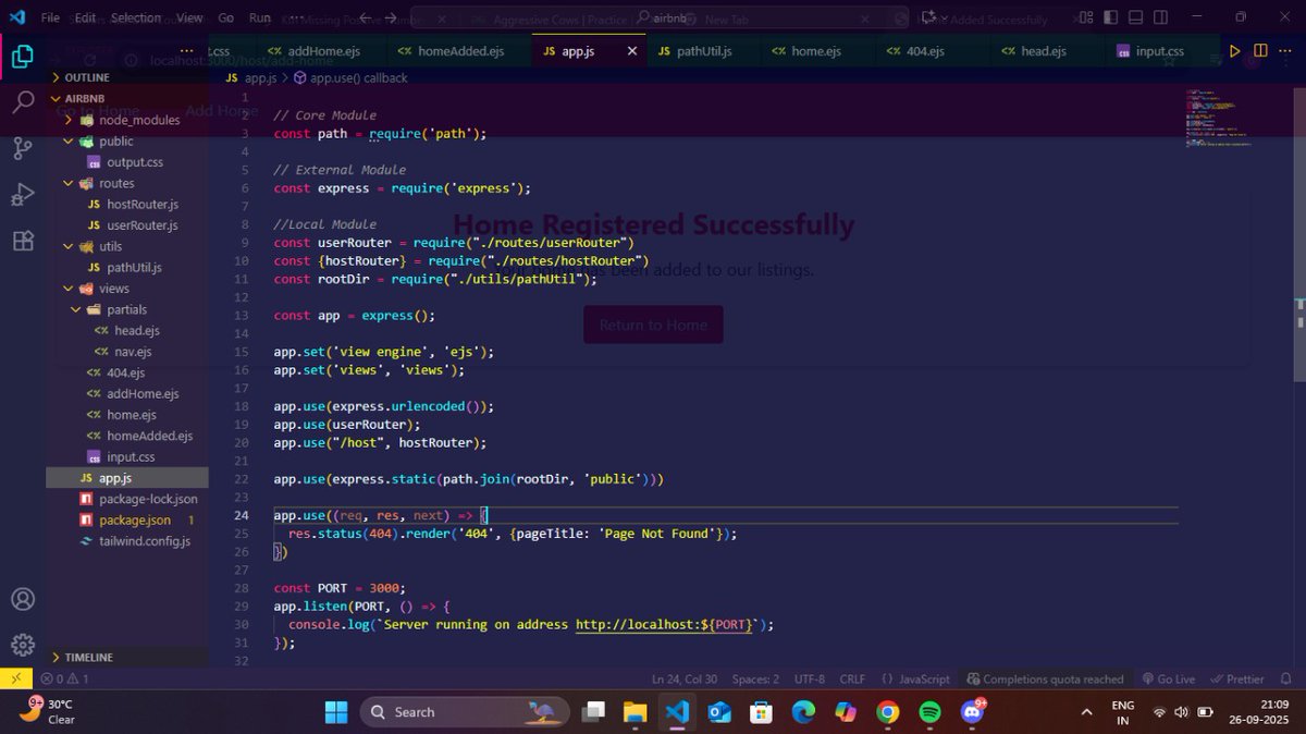 gauravnickk777's tweet image. 🚀 Today’s Grind:
📘 DSA Revision → Aggressive Cows, Kth Missing Number
🛠️ Backend basics → EJS + Tailwind + Express mini project
🇯🇵 Japanese practice – 45 mins

#100DaysOfCode #WebDev #ExpressJS #EJS #TailwindCSS #DSA #CodingJourney #Nihongo