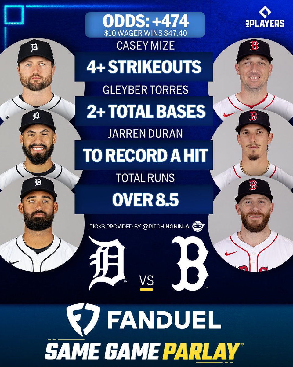 MLB Picks (@mlbpicks) on Twitter photo The @Tigers and <a href="/RedSox/">Red Sox</a> start a huge series in Boston.
Odds via <a href="/FDSportsbook/">FanDuel Sportsbook</a>, picks via <a href="/PitchingNinja/">Rob Friedman</a> The @Tigers and <a href="/RedSox/">Red Sox</a> start a huge series in Boston.
Odds via <a href="/FDSportsbook/">FanDuel Sportsbook</a>, picks via <a href="/PitchingNinja/">Rob Friedman</a>