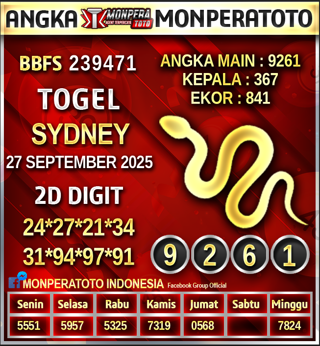 Prediksi Sydney
27 SEPTEMBER 2025
Monperatoto adalah Situs Togel Online Terpercaya,Casino Terbaik,Slot Gacor Di Indonesia
#prediksihariini #prediksisdy #monperatoto