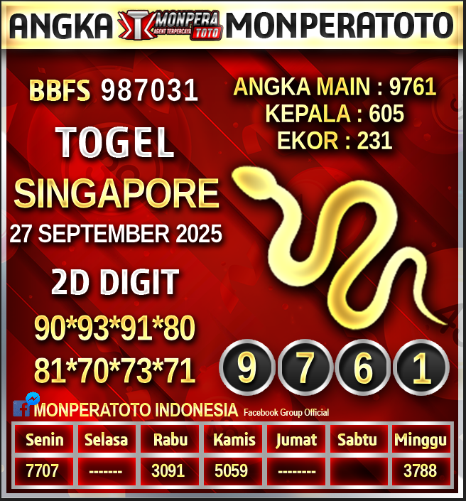 Prediksi Singapore
27 SEPTEMBER 2025
Monperatoto adalah Situs Togel Online Terpercaya,Casino Terbaik,Slot Gacor Di Indonesia
#prediksihariini #prediksisgp #monperatoto