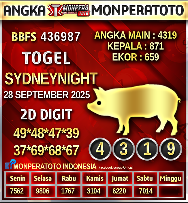 Prediksi Sydney Night
28 SEPTEMBER2025
Monperatoto adalah Situs Togel Online Terpercaya,Casino Terbaik,Slot Gacor Di Indonesia
#prediksihariini #prediksihk #monperatoto