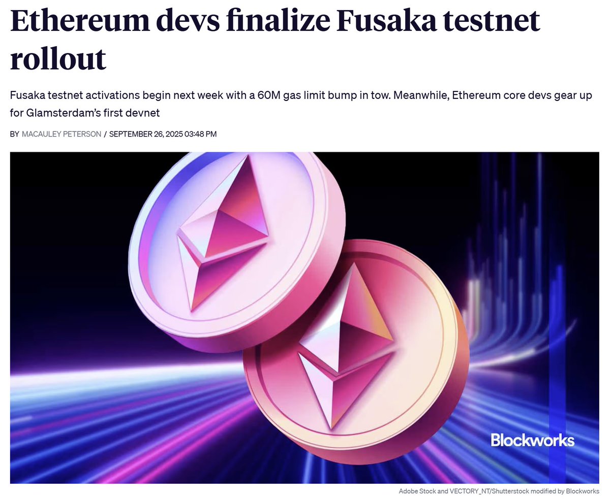 Ethereum devs lock in the Fusaka testnet rollout starting with Holesky,  Oct. 1
