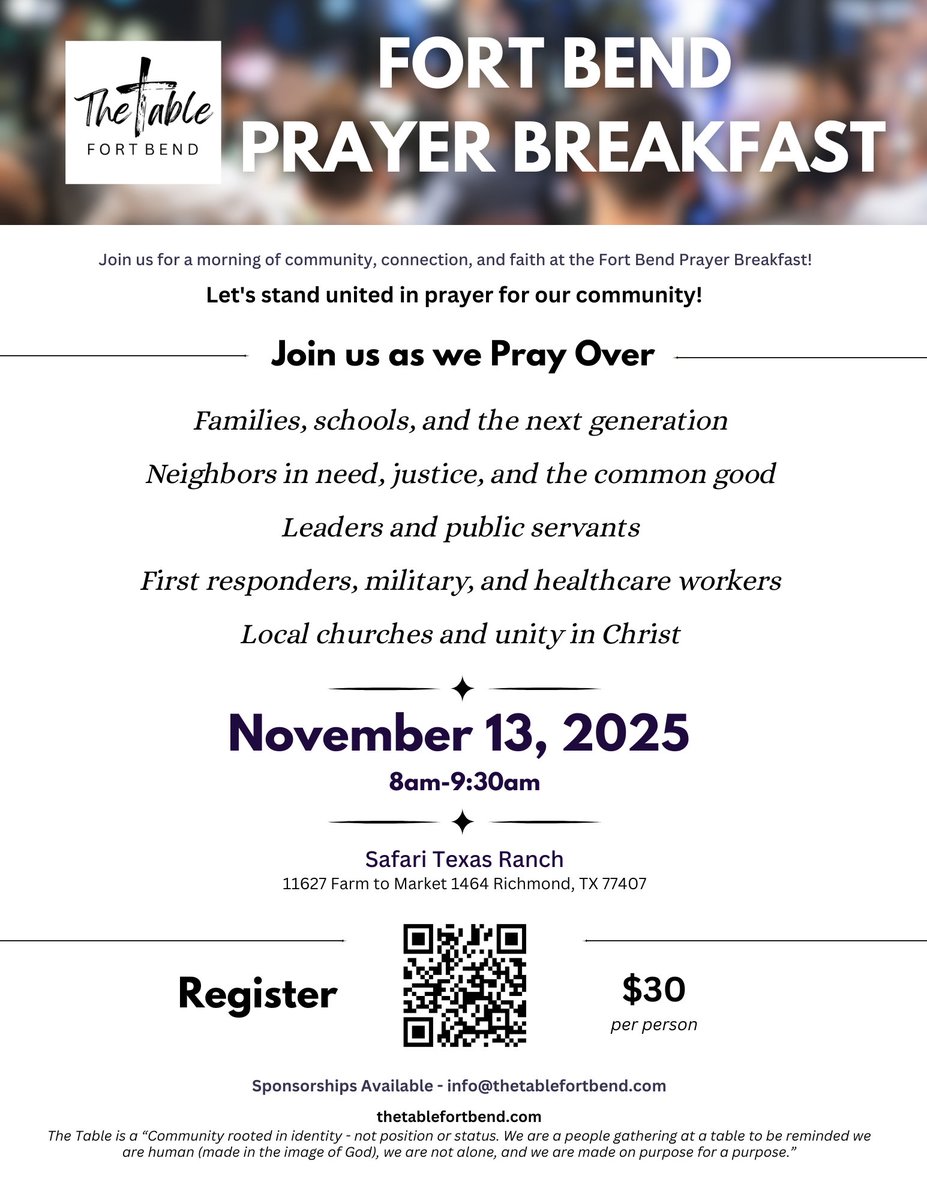 📣 Fort Bend friends - mark your calendars!
We’re excited to gather for the Fort Bend Prayer Breakfast on November 13, 2025, 8–9:30am at Safari Texas Ranch.

This is a morning for our community to come together in faith, prayer, and unity. We’ll be lifting up families, schools,