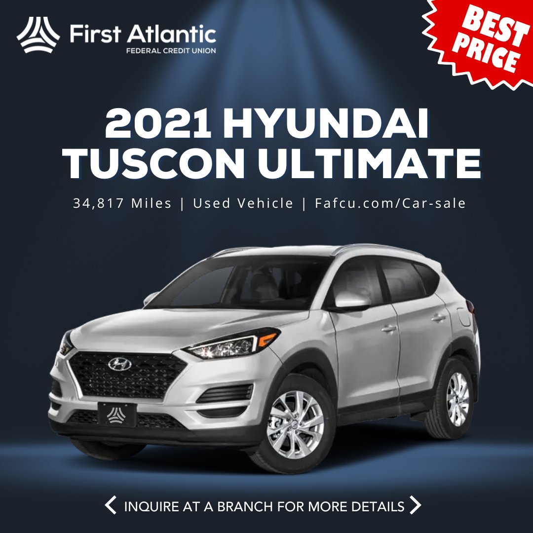 FirstAtlanticCU's tweet image. For Sale: 2021 Hyundai Tucson Ultimate
Only 34,817 miles - exceptionally low mileage!

This Tucson is in excellent, like-new condition and fully equipped with premium features. Available now at First Atlantic Federal Credit Union Eatontown Branch (468 Industrial Way W)