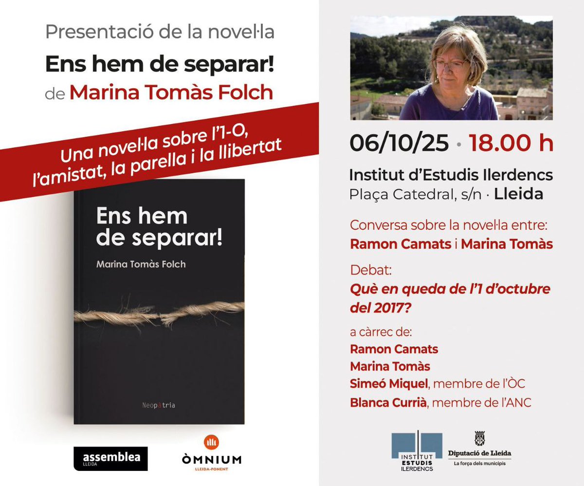 Presentació el 6 d'octubre al <a href="/IEILleida/">INSTITUT D'ESTUDIS ILERDENCS</a> amb l'autora <a href="/MarinaTomsFolch/">MarinaTomàs-Folch</a> i el filòsof i escriptor <a href="/ramoncamats/">Ramon Camats</a>.  Al debat s'hi afegiran <a href="/SimeoMiquel/">Simeó Miquel Roé</a> i Blanca Currià.