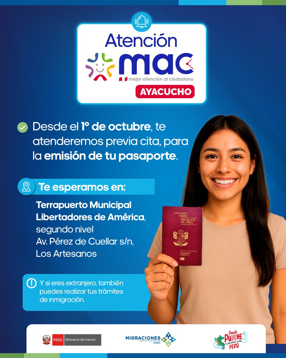 📣 #ATENCIÓN #Ayacucho
🛂 Desde el 01/10, tramita tu pasaporte en el Centro MAC Ayacucho.
🌐 Cita: migracheck.migraciones.gob.pe/pe/
📍 Terrapuerto Libertadores – Nivel 2
🕒 8:30 a.m. a 5:00 p.m.
📞 Info: 1800 / 📱 WhatsApp: 981317379
#MACCerca 🏠 #MACRápido ⚡ #MACFácil ✅