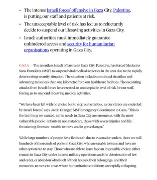 A document with text detailing Doctors Without Borders suspending medical work in Gaza City due to violence, including airstrikes and tanks near their facilities.