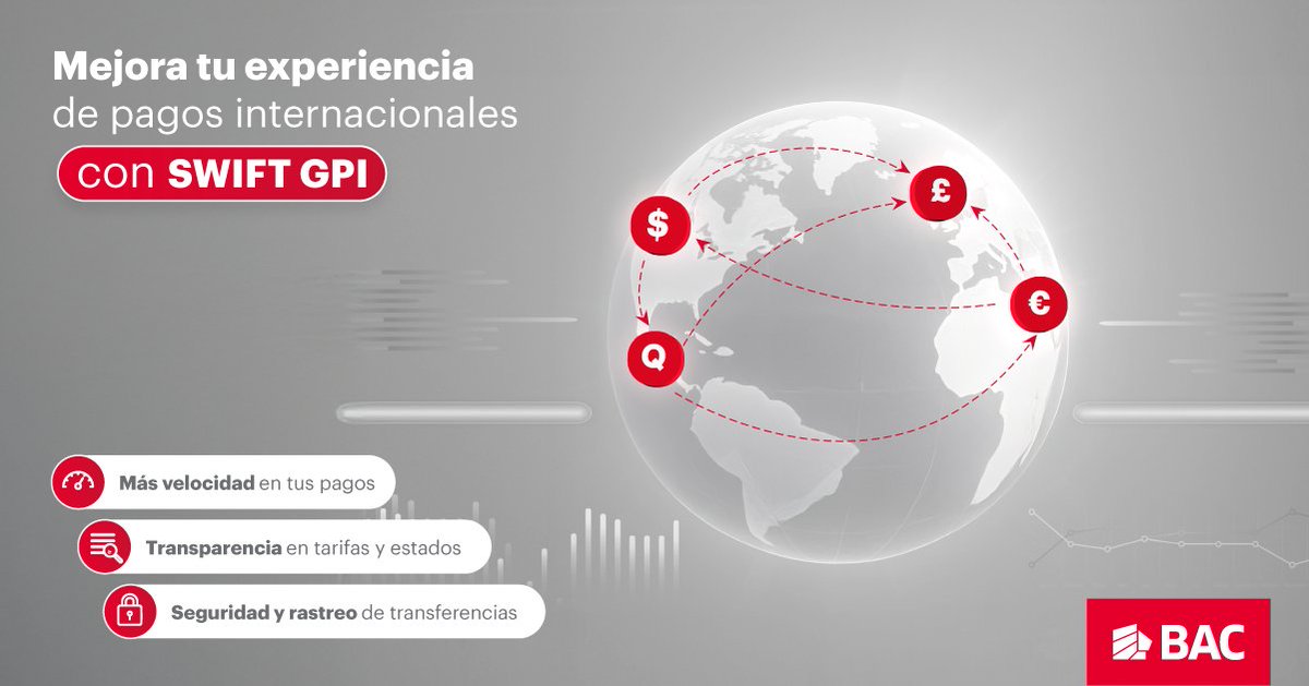 🌍💸 ¡Optimiza tus pagos internacionales con SWIFT GPI!

✔️ Rastreo de transferencias en tiempo real
✔️ Mayor velocidad
✔️ Transacciones 100% seguras

Descubre cómo llevar tus transferencias internacionales al siguiente nivel 👉 g.bac.gt/Transferencias…

#BACTeEscucha