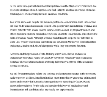 A document with text detailing Doctors Without Borders suspending medical work in Gaza City due to violence, including airstrikes and tanks near their facilities.