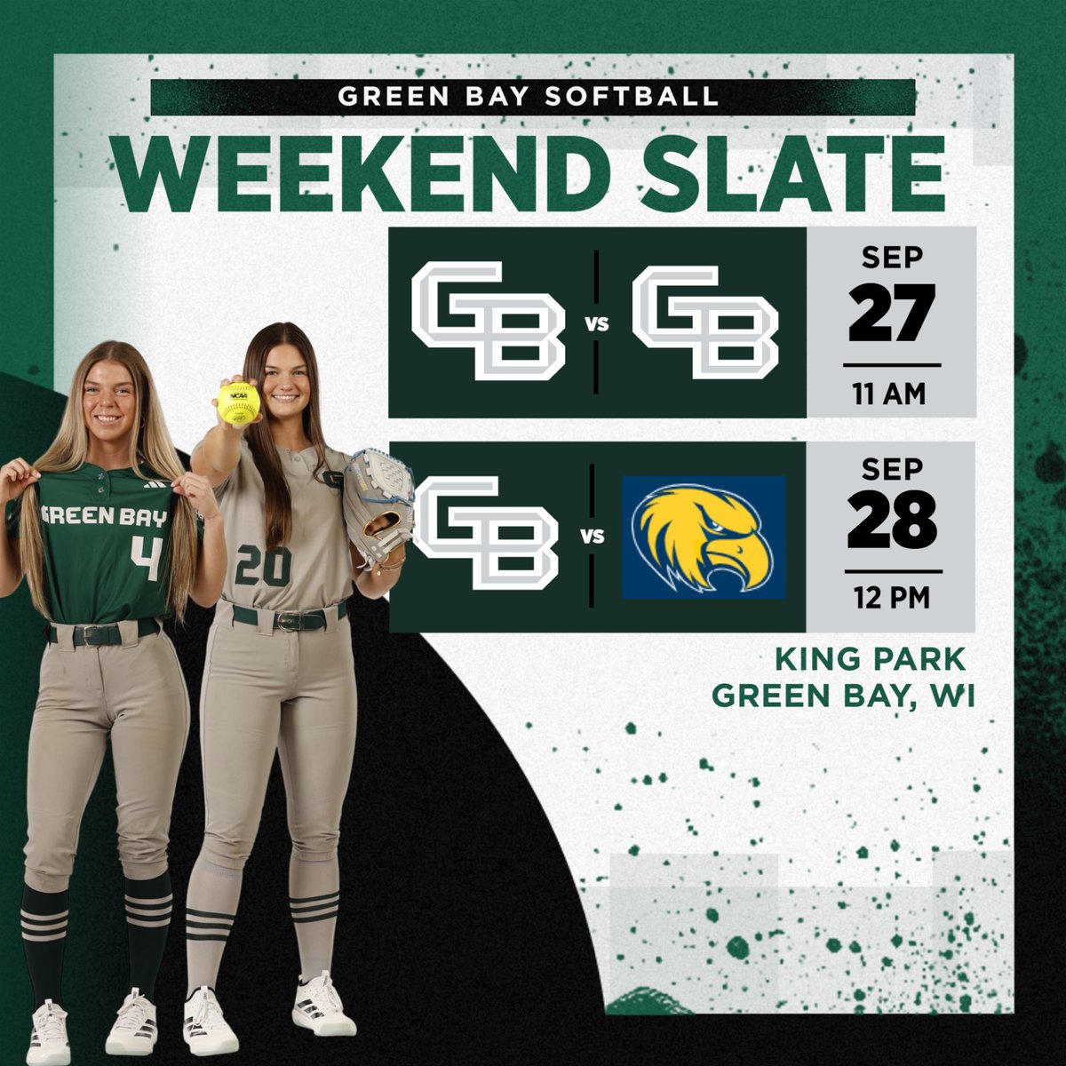 Need something to do this weekend? Come out to King Park both Saturday and Sunday for some fall softball! 

🟢 UWGB Softball Intrasquad @ 11:00 am
🟢 vs. Rock Valley @ 12:00 pm