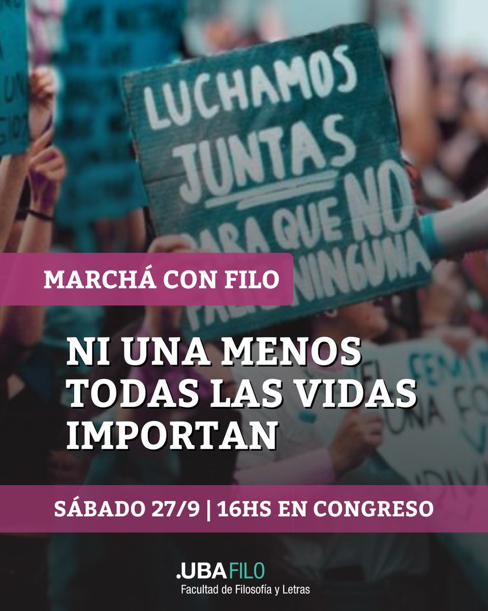 Marchá con Filo ✊️💜

¡#NiUnaMenos! Todas las vidas importan 

📌 27/9 a las 16hs en Congreso

+info en filo.uba.ar/node/554
