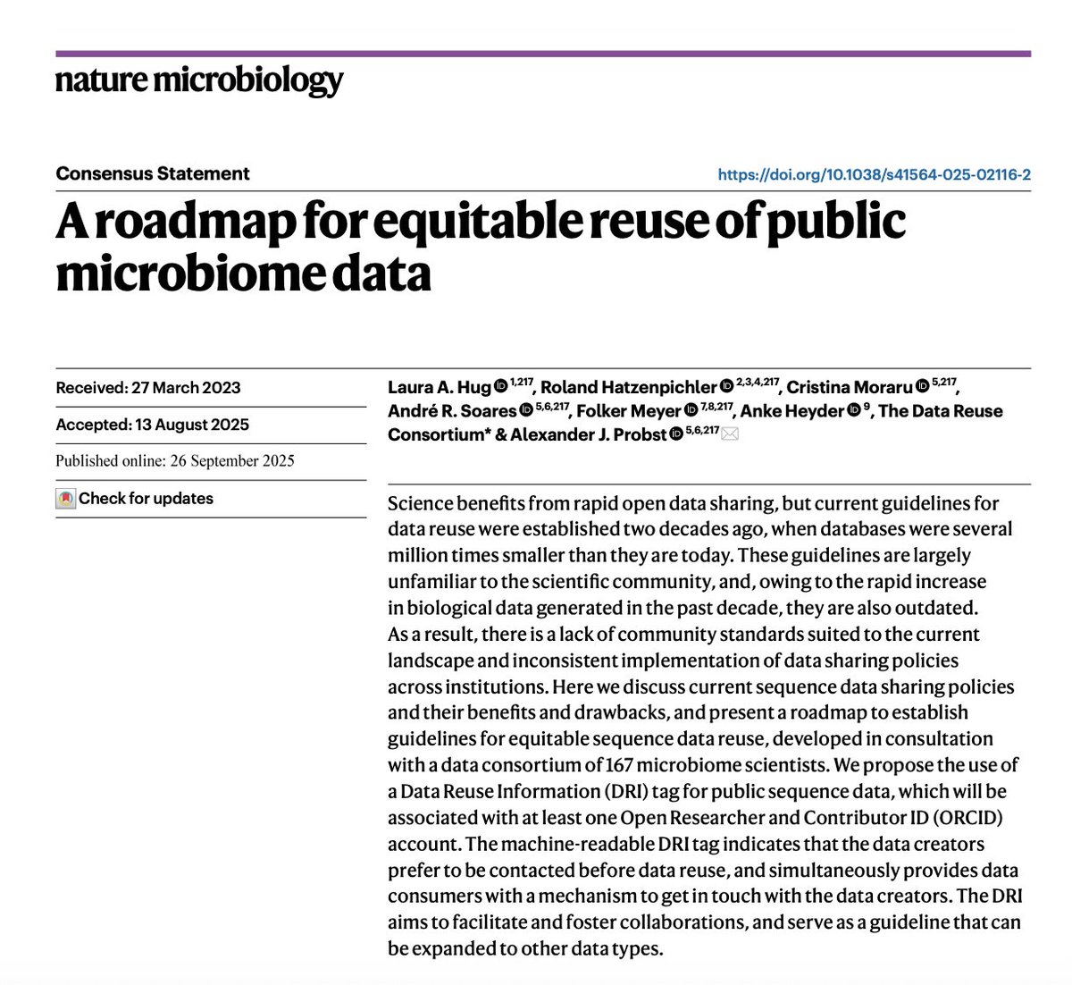 The article comes out today! <a href="/NatureMicrobiol/">Nature Microbiology</a> 
A roadmap for equitable reuse of public microbiome data by The Data Reuse Consortium. 

I'm glad to have the opportunity to contribute to this! Thanks to the leading authors for making this possible.