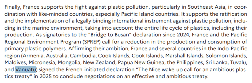 jeangene_vilmer's tweet photo. In "France's Indo-Pacific Strategy" published in July, Vanuatu is mentioned four times:
✅ Humanitarian assistance (2024 earthquake)
✅ Regional integration of New Caledonia
✅ Fight against plastic pollution
✅ Opening of an @AFD_en office
➡️https://t.co/kdaEh4QMdk https://t.co/W6KJMSMG9n