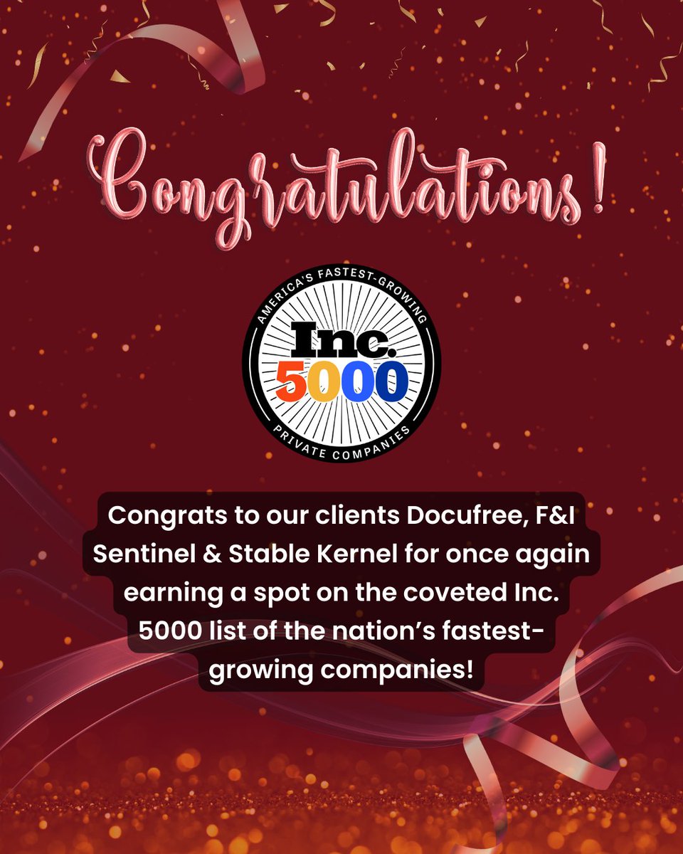 CarabinerComms's tweet image. 👏 A huge congrats to our clients @docufree @fandisentinel &amp;amp; @stablekernel for once again earning a spot on the coveted #Inc5000 list of the nation’s fastest-growing companies. 

Here’s to continued momentum and even bigger milestones achieved ahead!

 #ClientWins #B2BMarketing