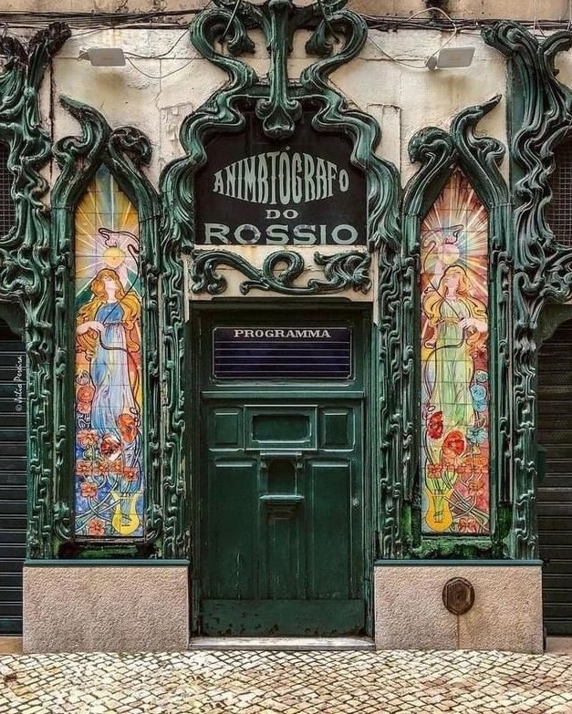 Art Nouveau facade of an old cinema in Sapateiros street in Lisbon, 1907.