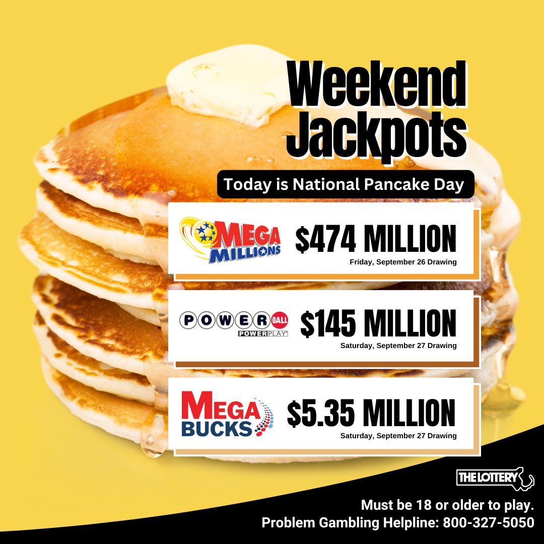 Pancakes for dinner, anyone? Weekend jackpots for dessert 😉 #NationalPancakeDay

🥞 Will it be… butter, maple syrup or both?
💰 Mega Millions, Powerball and/or Megabucks?

#MassLottery
#Lottery
#MegaMillions
#Powerball
#Megabucks
#Jackpots
#Weekend
#Massachusetts