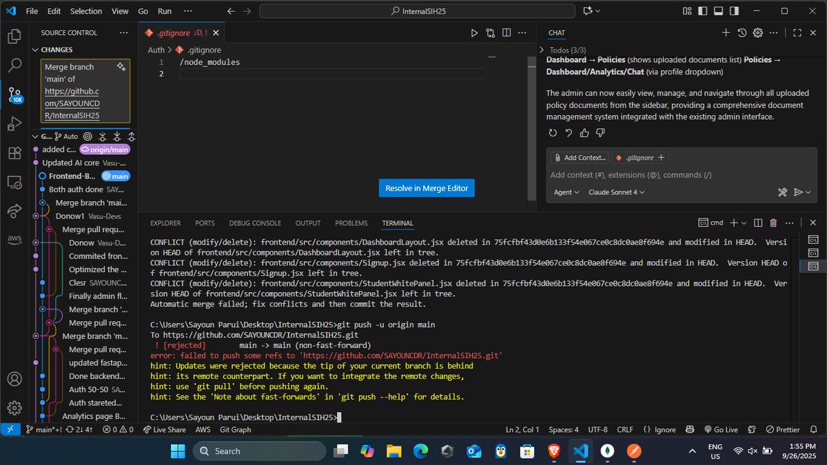 DriftNBlde's tweet image. Day 28 (Sorry for 2 days of gap been pretty busy)
- Did what not Langchain, Rag, LLM bla bla
- Auth and frontend
🎉🍾 Got selected in Internal hackathon for sih (In top 15 out 0f 450 teams hell yeahhhhhhhh)
Note: Never ever mess around in git
#SIH #Fullstack #figma #Ai #Git