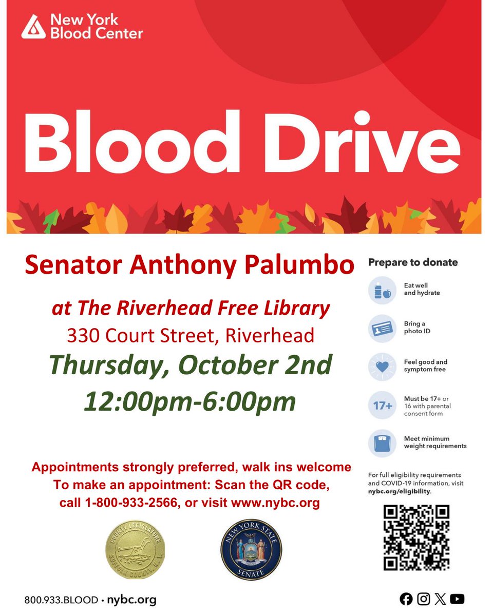 RivFreeLibrary's tweet image. Mark your calendars! 🩸 Join us for our Blood Drive on Thursday, October 2nd here at Riverhead Free Library. Your donation can save lives! 💙

#GiveBlood #RiverheadFreeLibrary #BloodDrive